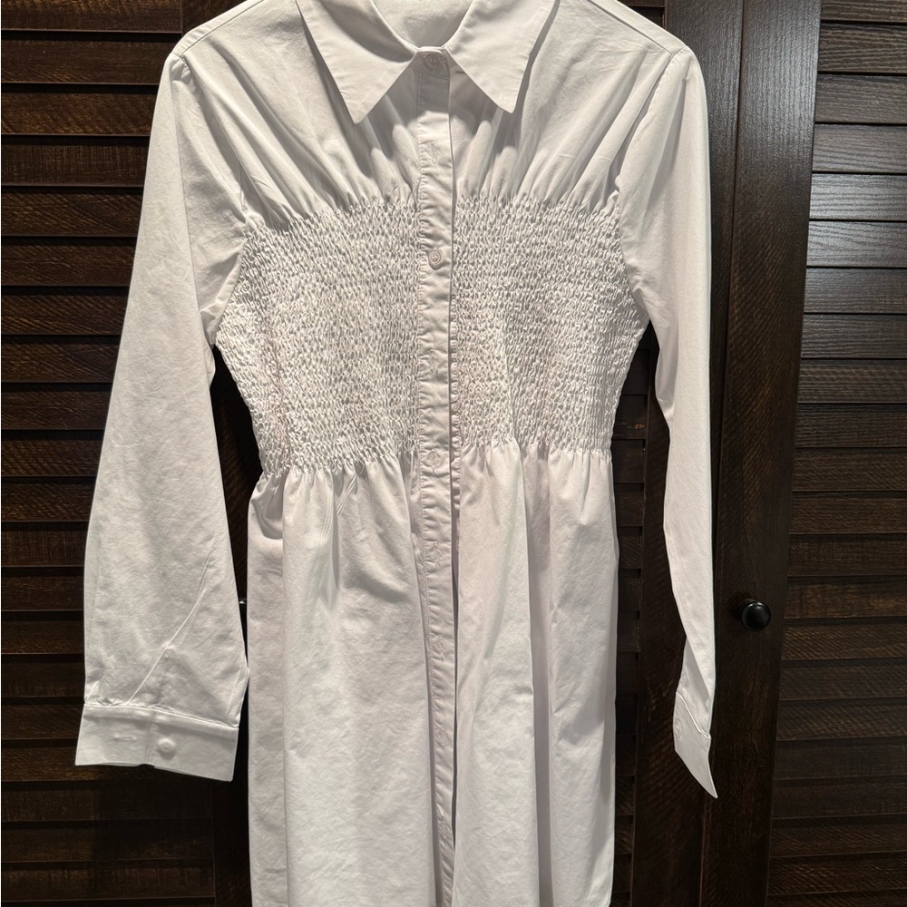 White Smocked Button-Up Dress